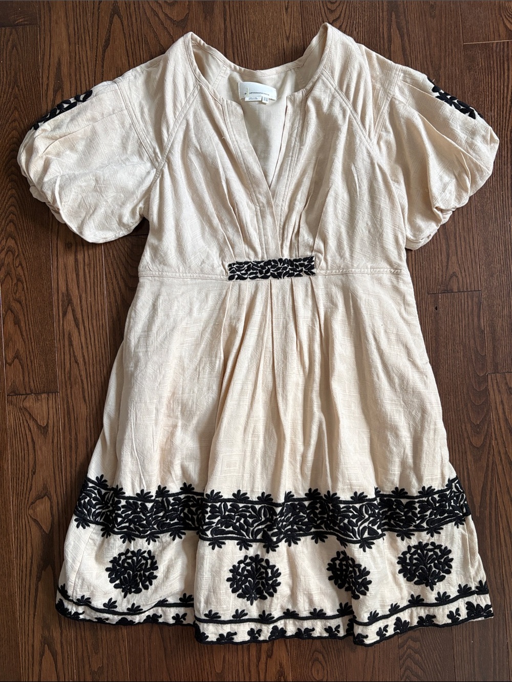 Anthropologie Cream Mini Dress with Black Floral Embroidery